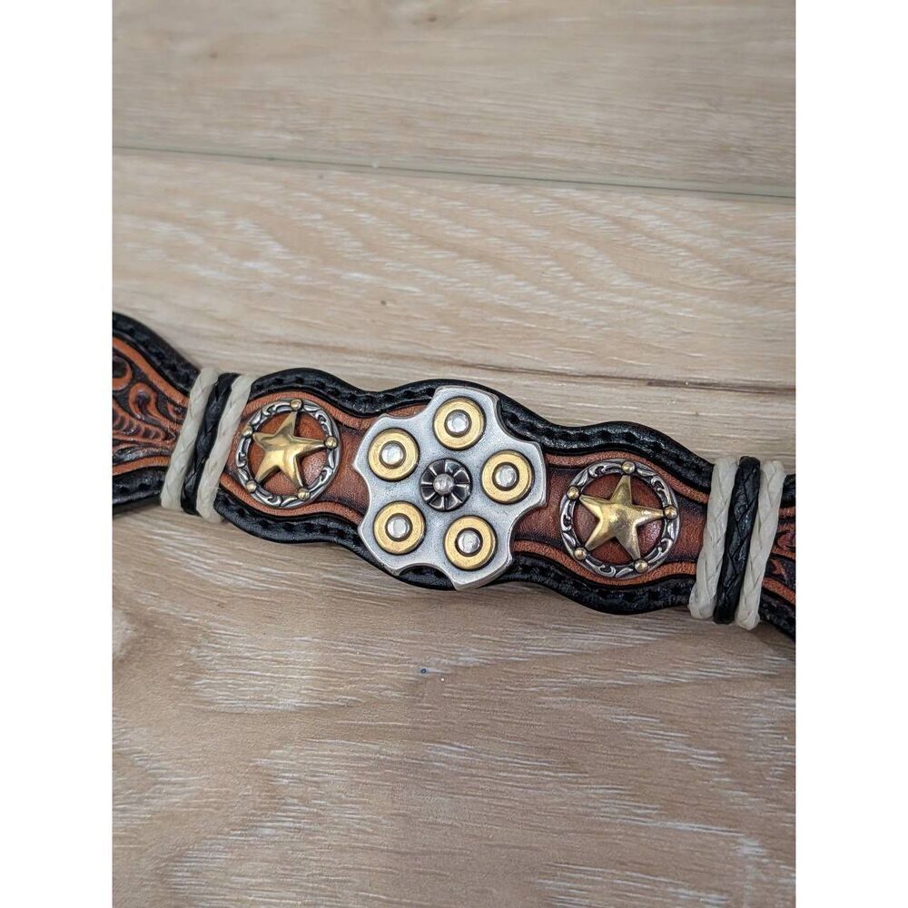 Silver Creek Tooled Leather Belt Western Sheriff Star Revolver Concho Sz 34